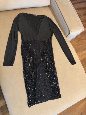 Fashion Nova Black Long Sleeve Sequin Midi Dress